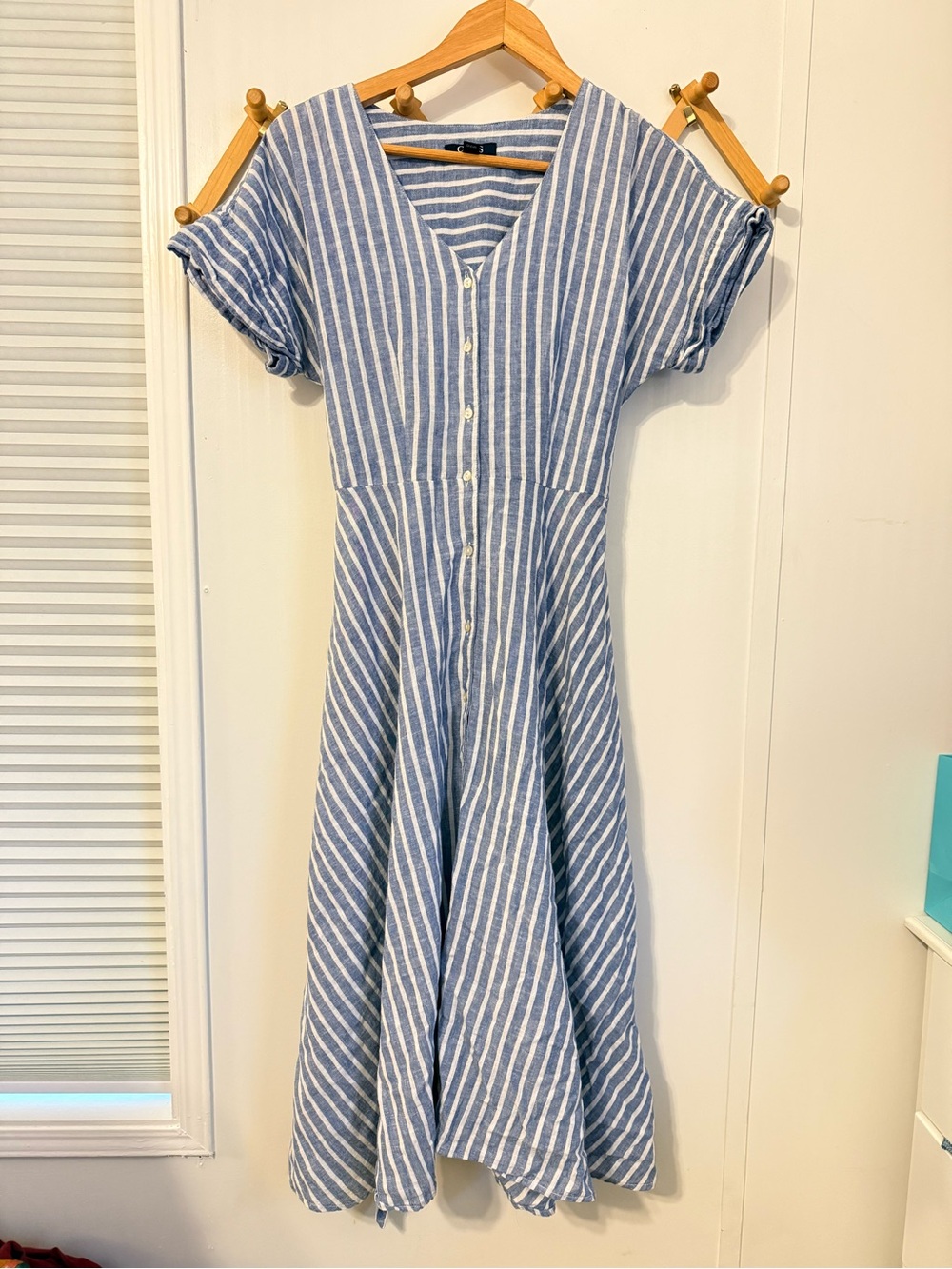 Chaps Blue and White Vertical Stripe Button-Front Midi Dress